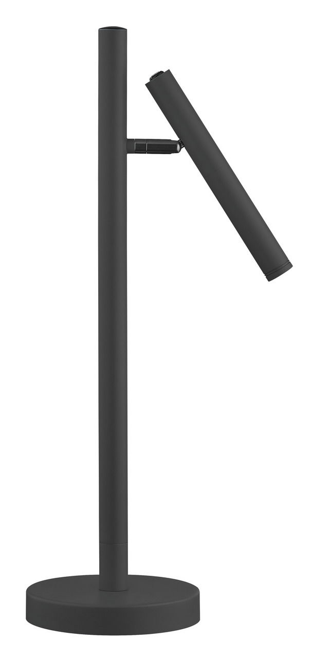 Seitenansicht einer modernen, schwarzen Akku-Tischleuchte mit zylindrischem Design und verstellbarem Leuchtenkopf.