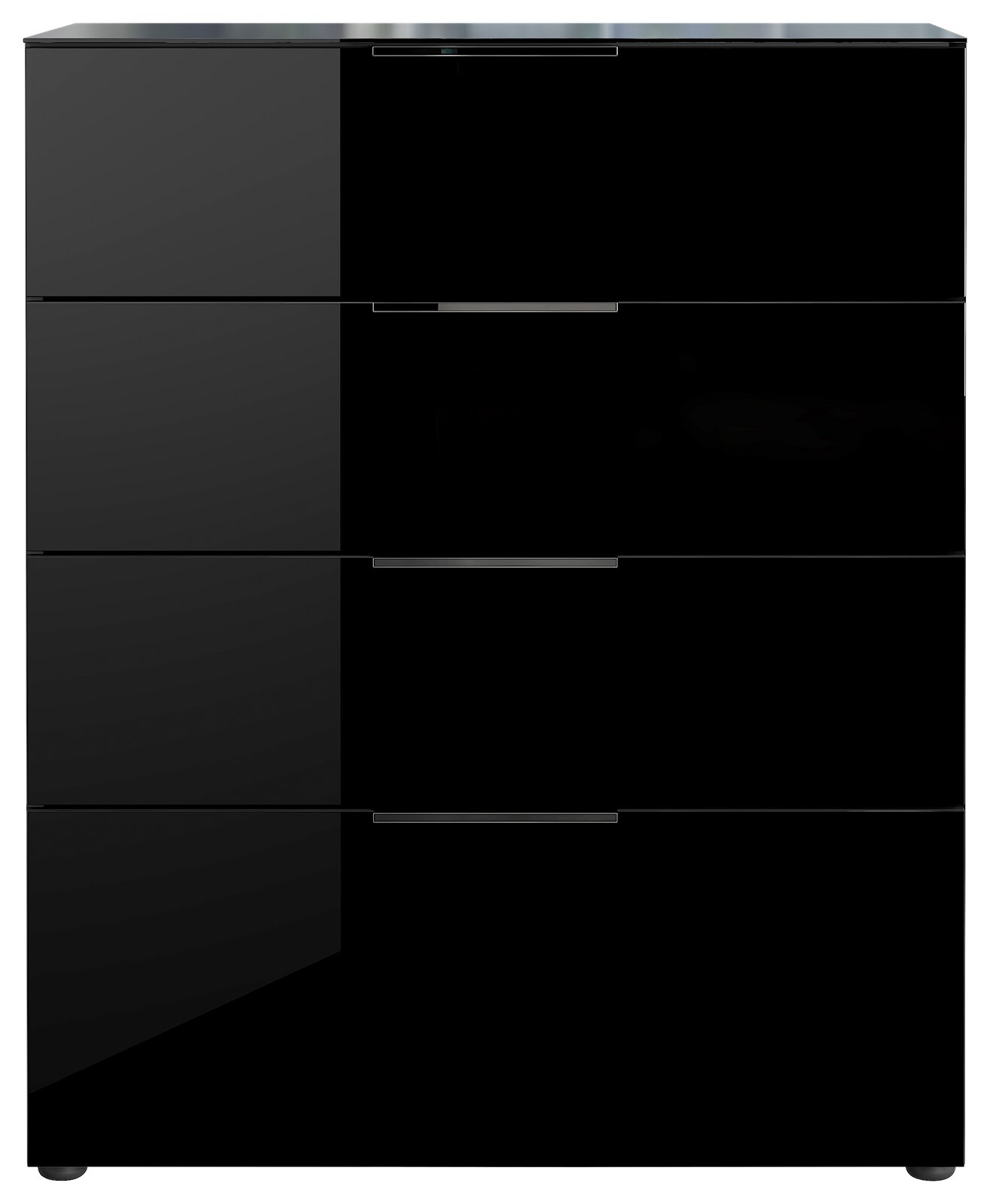 Schwarze Schubkastenkommode mit vier Schubladen, frontal betrachtet