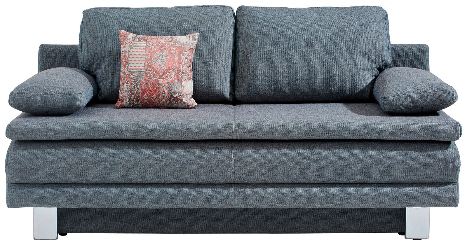 Graues Querschläfer-Sofa mit zwei großen Rückenkissen und einem dekorativen Kissen in Rot- und Grautönen, frontal fotografiert.