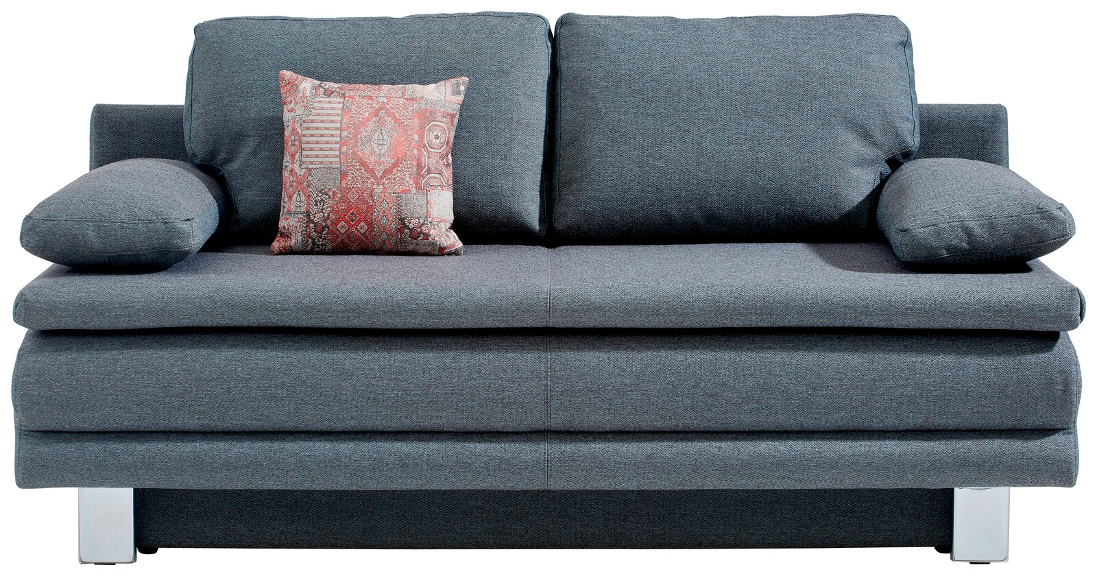 Graues Querschläfer-Sofa mit zwei großen Rückenkissen und einem dekorativen Kissen in Rot- und Grautönen, frontal fotografiert.