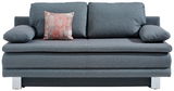 Graues Querschläfer-Sofa mit zwei großen Rückenkissen und einem dekorativen Kissen in Rot- und Grautönen, frontal fotografiert.