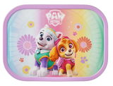 Lunchbox mit Paw Patrol Motiv, Vorderansicht mit Skye und Everest auf buntem Hintergrund.