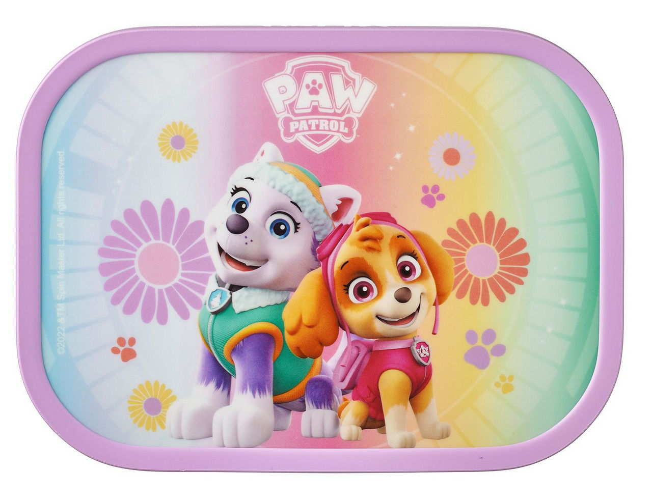 Lunchbox mit Paw Patrol Motiv, Vorderansicht mit Skye und Everest auf buntem Hintergrund.