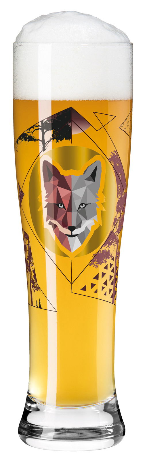 Weizenglas mit geometrischem Fuchsdesign, gefüllt mit Bier und Schaumkrone, Frontalansicht