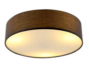 Runde Deckenleuchte mit braunem Stoffschirm, von unten betrachtet, mit warmem Lichtschein.