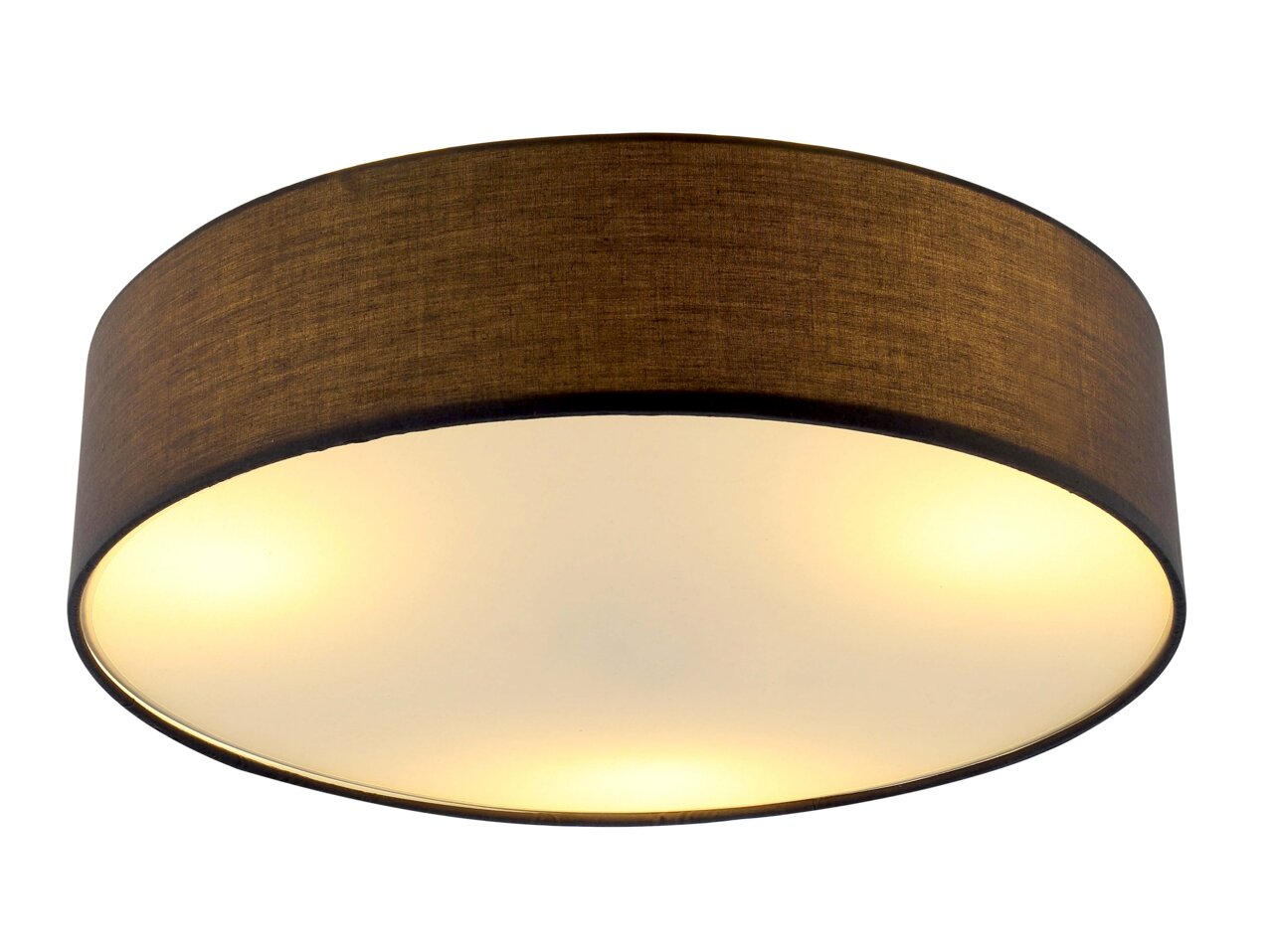 Runde Deckenleuchte mit braunem Stoffschirm, von unten betrachtet, mit warmem Lichtschein.