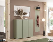 Moderner Eingangsbereich mit grünem Schuhschrank und Garderobenpaneel, seitliche Perspektive