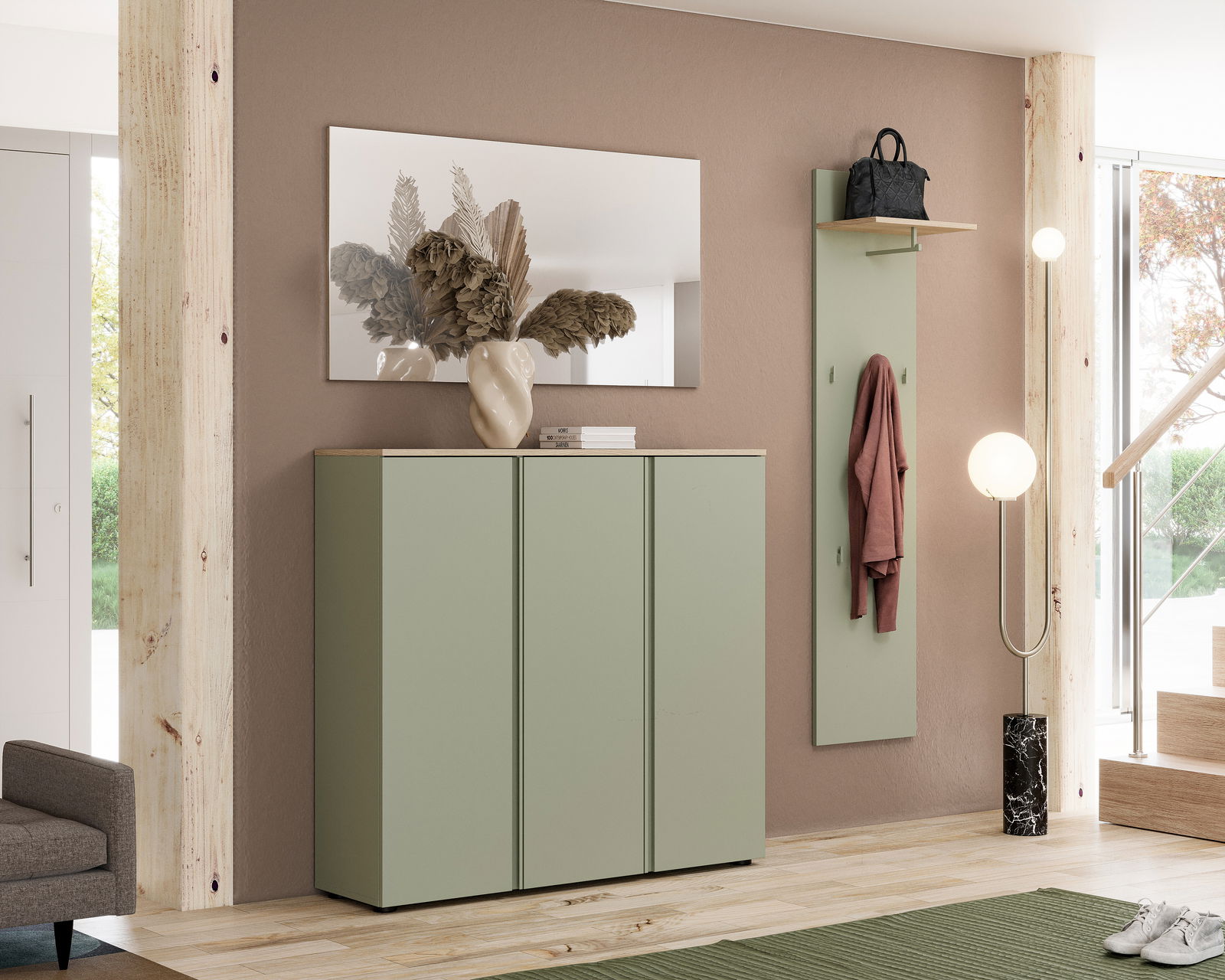 Moderner Eingangsbereich mit grünem Schuhschrank und Garderobenpaneel, seitliche Perspektive