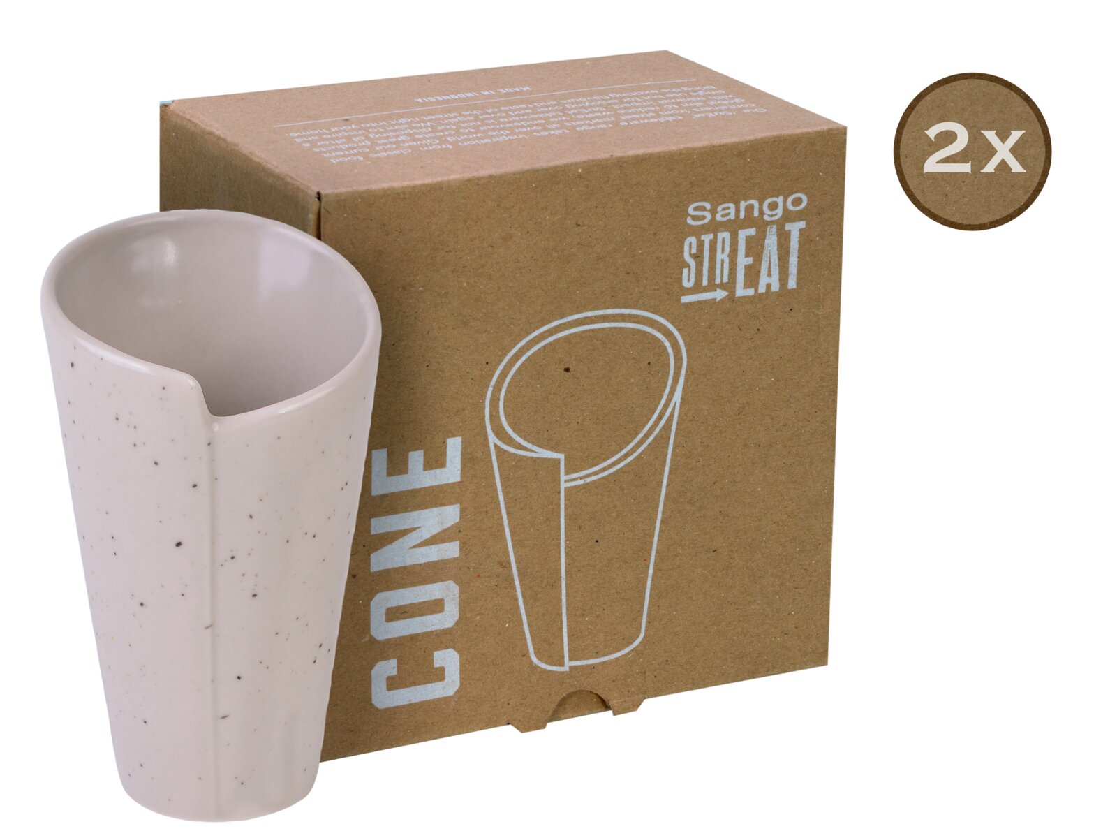 Creatable Cone 2-tlg STREET FOOD Weiß gesprenkelter Keramikbecher mit Ausgießer vor brauner Sango STREAT-CONe-Verpackung, 2er-Set, schräg von vorn fotografiert