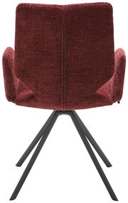 Roter Armlehnstuhl von hinten mit schwarzem Metallgestell und vier Beinen.