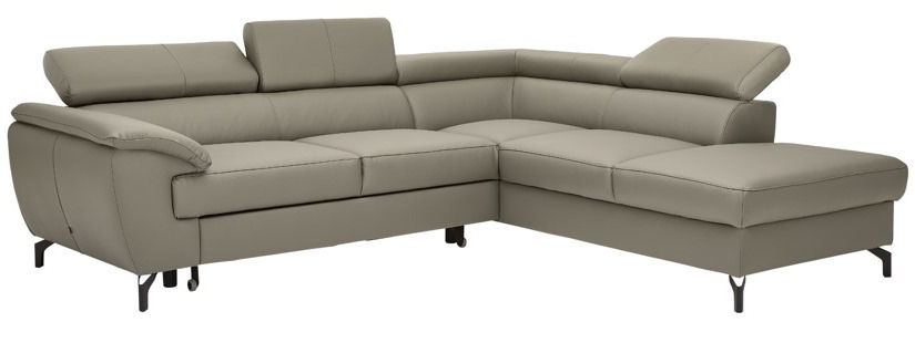 Eckgarnitur in grauem Leder, perspektivisch von vorne links fotografiert