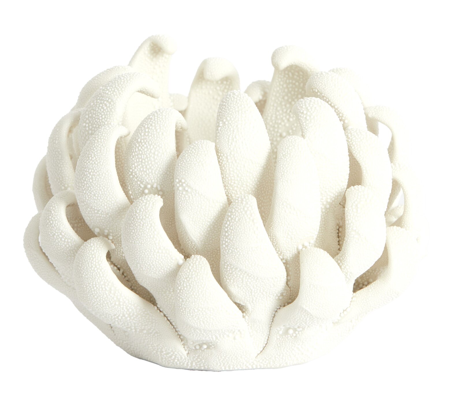 Weißer Teelichthalter in Form einer stilisierten Blume, seitliche Perspektive