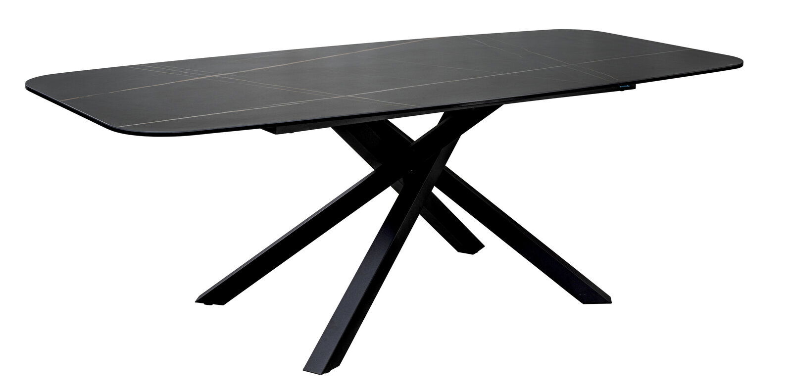 Novel Eettafel UFO Moderner schwarzer Esstisch mit rechteckiger Tischplatte und gekreuzten Beinen, seitliche Perspektive