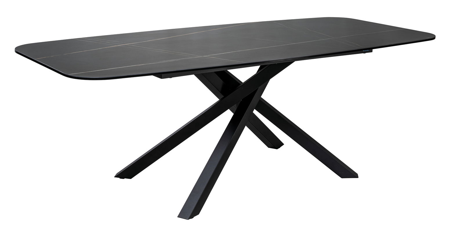 Moderner schwarzer Esstisch mit rechteckiger Tischplatte und gekreuzten Beinen, seitliche Perspektive
