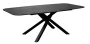 Moderner schwarzer Esstisch mit rechteckiger Tischplatte und gekreuzten Beinen, seitliche Perspektive