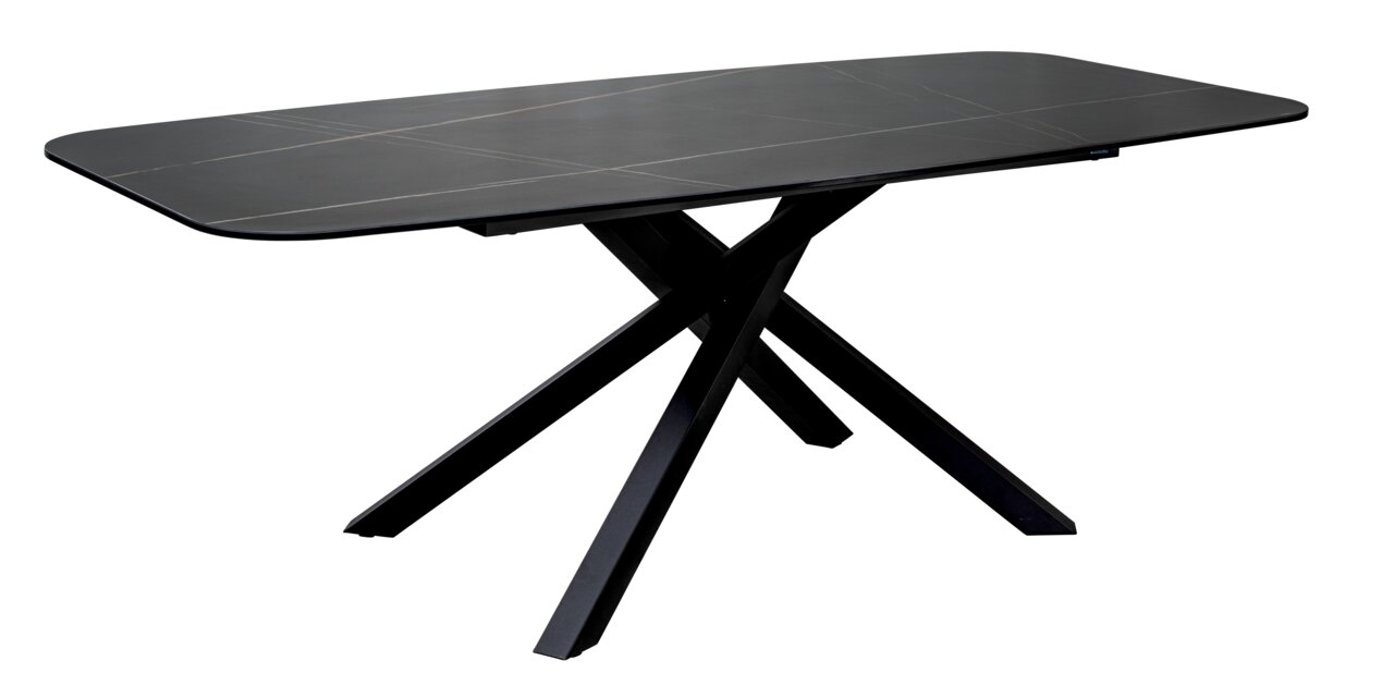 Moderner schwarzer Esstisch mit rechteckiger Tischplatte und gekreuzten Beinen, seitliche Perspektive