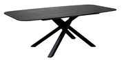 Moderner schwarzer Esstisch mit rechteckiger Tischplatte und gekreuzten Beinen, seitliche Perspektive