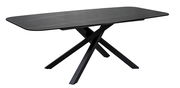 Moderner schwarzer Esstisch mit rechteckiger Tischplatte und gekreuzten Beinen, seitliche Perspektive