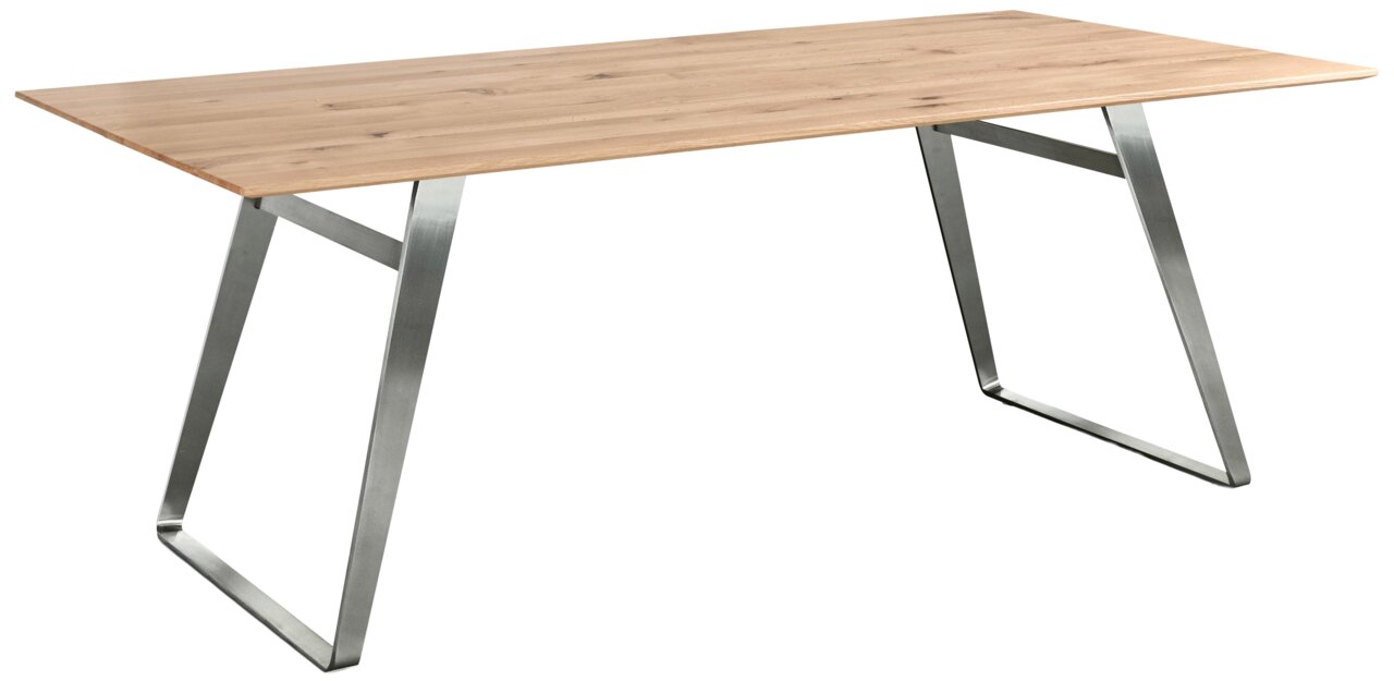 Moderner Esstisch mit Holzplatte und Metallbeinen, seitliche Perspektive