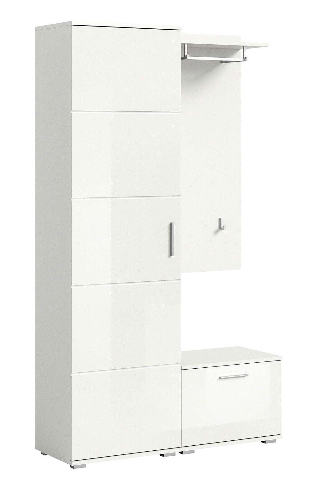 MID.YOU Garderobenkombination PREGO Weiße Garderobenkombination mit Schrank, Haken und Ablage, seitliche Perspektive