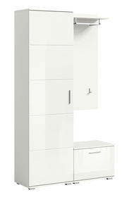 Weiße Garderobenkombination mit Schrank, Haken und Ablage, seitliche Perspektive