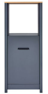 Frontansicht eines Herd-Umbauschranks in dunklem Grau mit Holzplatte und einer Schublade.