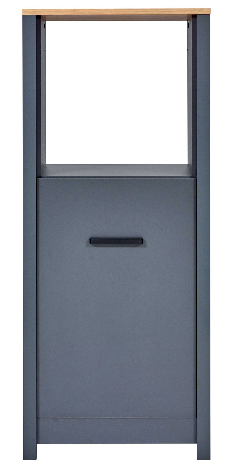 Frontansicht eines Herd-Umbauschranks in dunklem Grau mit Holzplatte und einer Schublade.