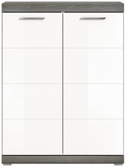 Moderner zweitüriger Schrank/Kommode mit weißen Fronten, grauer Holzoptik-Abdeckung und Sockel sowie silbernen Griffleisten, frontal von vorne dargestellt.
