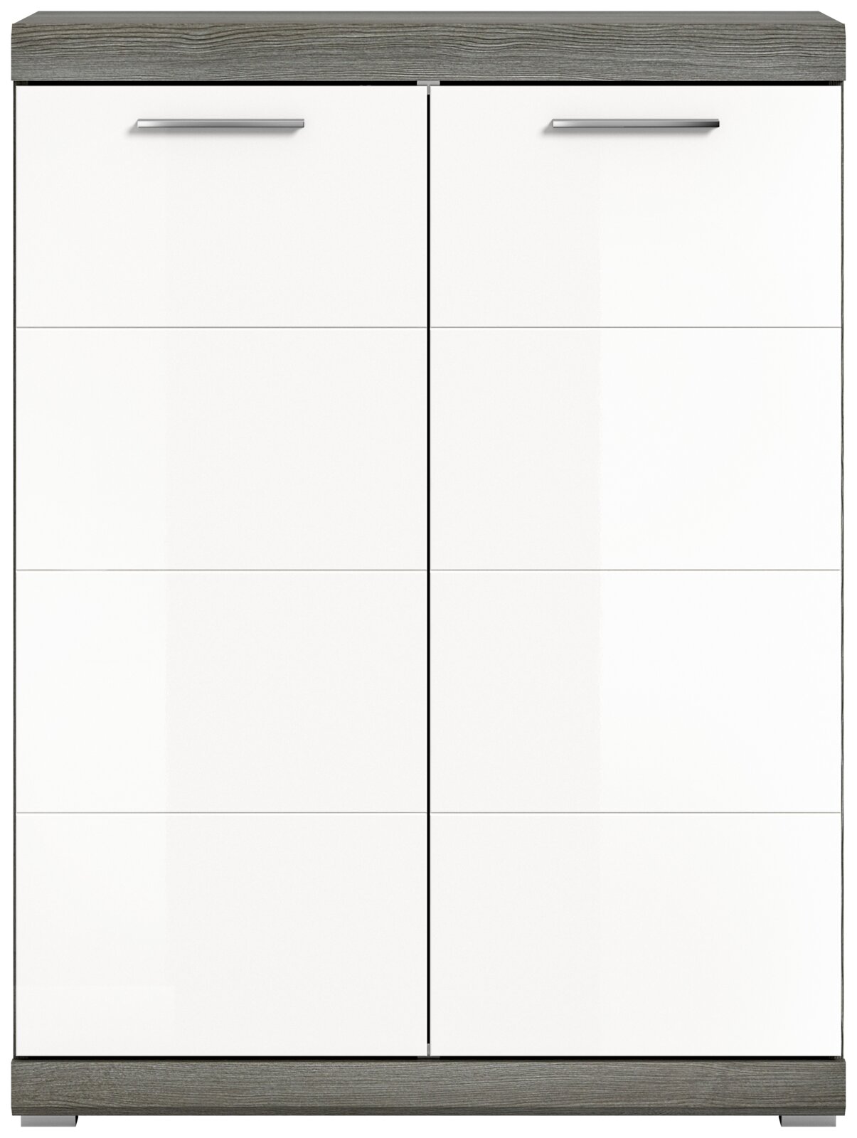 Moderner zweitüriger Schrank/Kommode mit weißen Fronten, grauer Holzoptik-Abdeckung und Sockel sowie silbernen Griffleisten, frontal von vorne dargestellt.