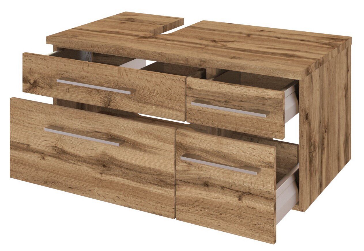 Waschbeckenunterschrank aus Holz mit vier Schubladen, perspektivisch von vorne links gesehen