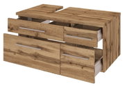 Waschbeckenunterschrank aus Holz mit vier Schubladen, perspektivisch von vorne links gesehen