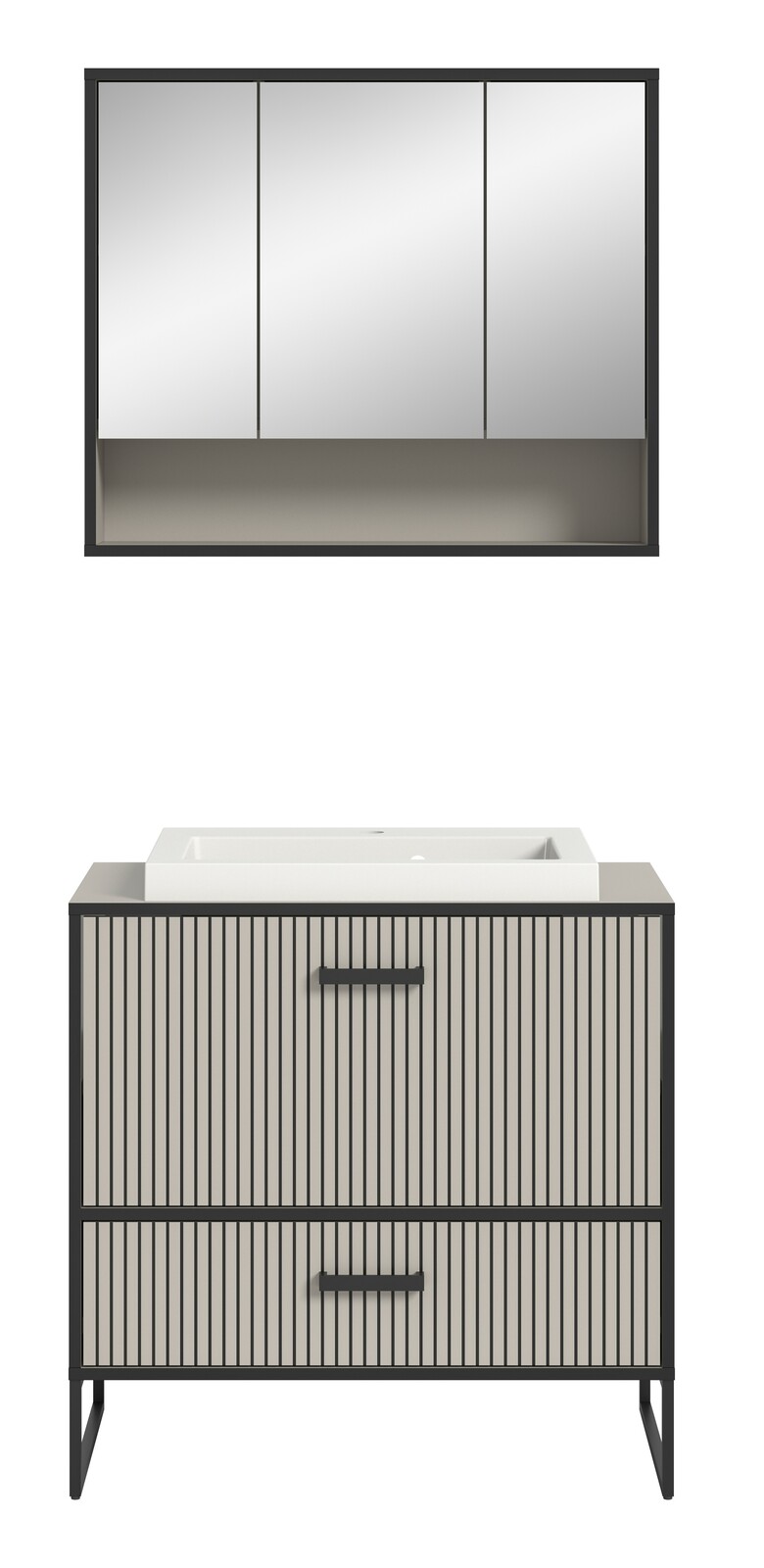 Moderne Badkombination mit Spiegelschrank und Waschbeckenunterschrank, Frontalansicht