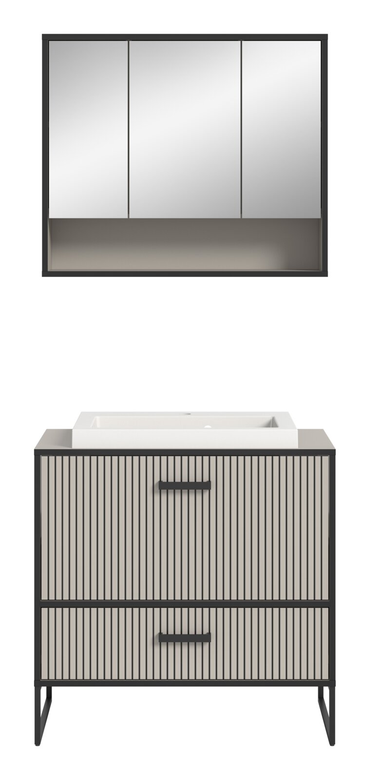 Moderne Badkombination mit Spiegelschrank und Waschbeckenunterschrank, Frontalansicht