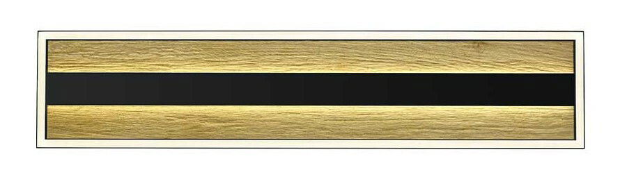 Rechteckige LED-Deckenleuchte mit Holzoptik und schwarzem Streifen, Ansicht von unten