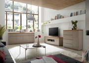Modernes Wohnzimmer mit TV-Lowboard, Sideboard und Kommode in hellem Holz und neutralen Farben, seitliche Perspektive