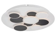Moderne LED-Deckenleuchte mit runden, schwarzen und weißen Elementen, Ansicht von unten.