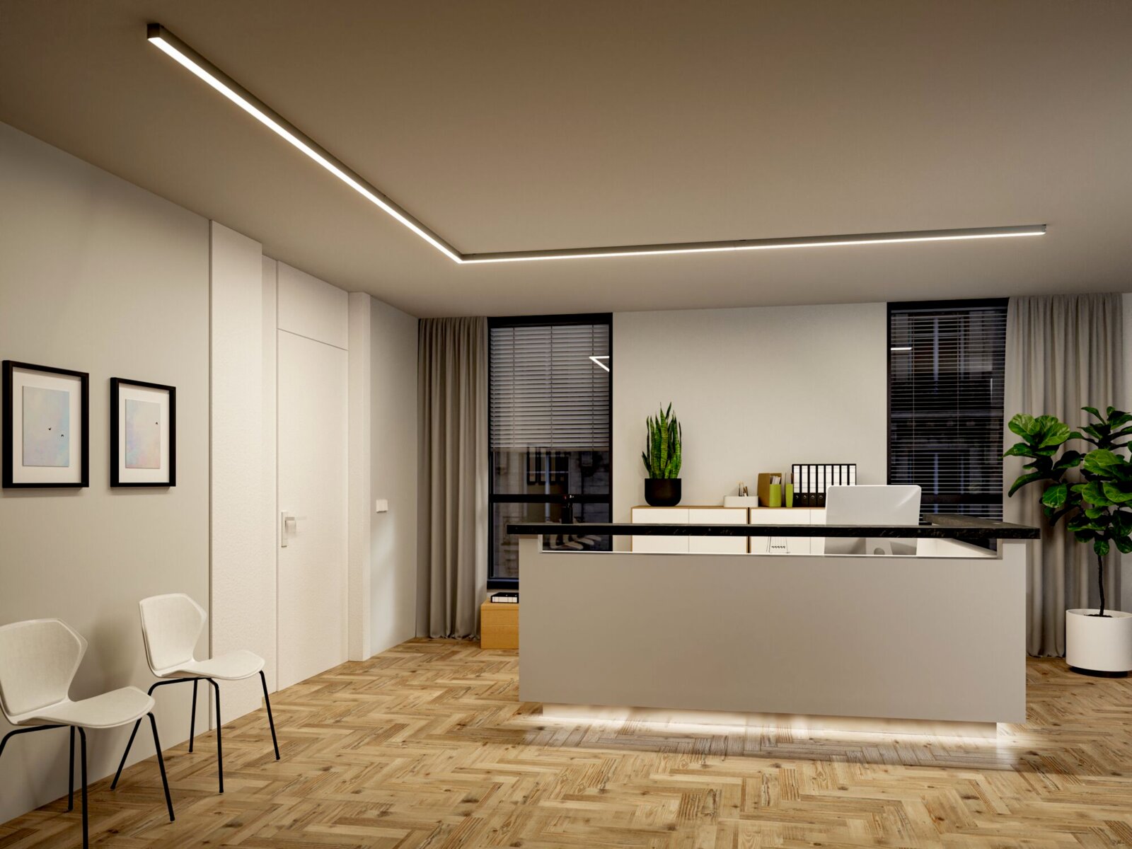Moderne Büroeinrichtung mit minimalistischer L-förmiger LED-Deckenleuchte und Empfangstresen, fotografiert aus leicht erhöhter Frontperspektive im Raum
