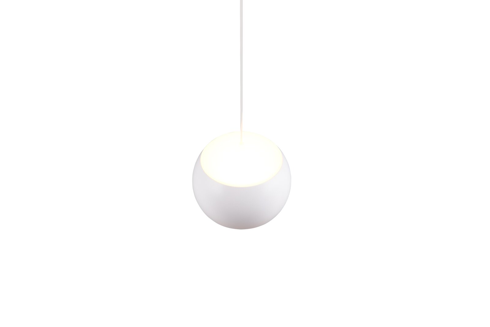 Moderne witte hanglamp in bolvorm, gezien van onderaf