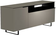 Modernes TV-Lowboard in grauer Farbe mit zwei Türen und einem offenen Fach, seitliche Perspektive