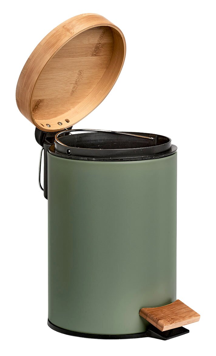 Grüner Kosmetikeimer mit Holzdeckel und Pedal, seitliche Perspektive