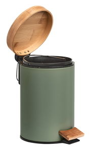 Grüner Kosmetikeimer mit Holzdeckel und Pedal, seitliche Perspektive