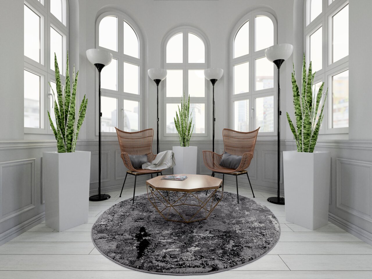 OCI Designer Teppich JUWEL Runder Designer Teppich in einem eleganten Raum mit großen Fenstern, modernen Stühlen und Pflanzen, aus der Perspektive von oben betrachtet.