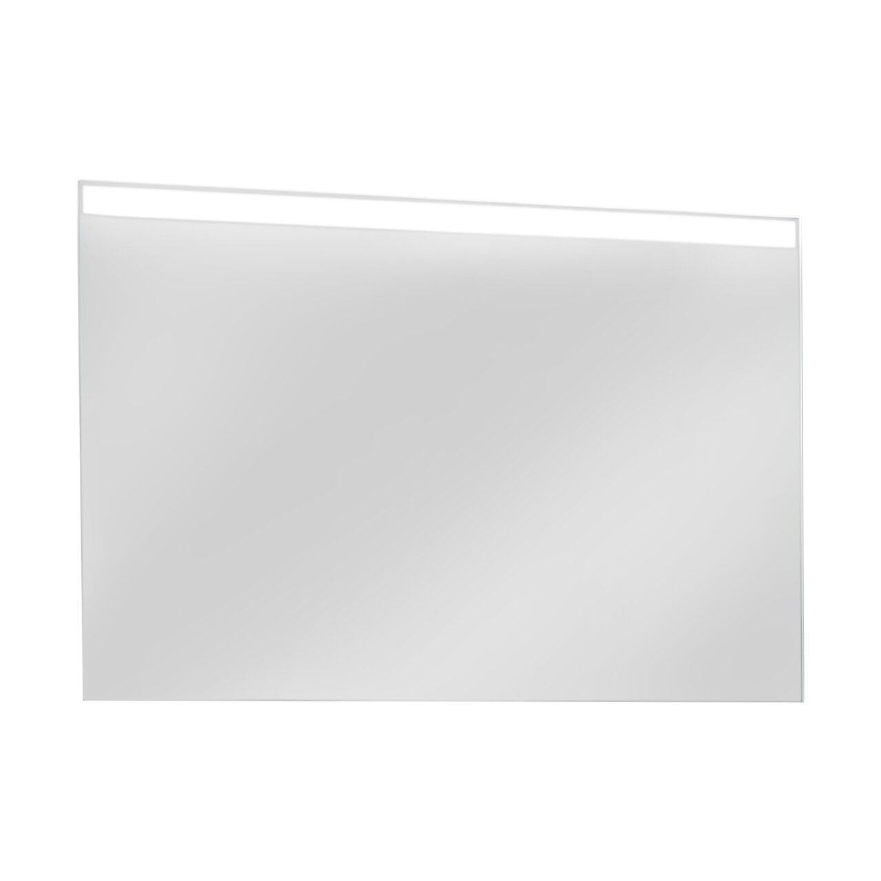 Voleo Spiegelelement FREYA Rechteckiges Spiegelelement mit schmalem, horizontalem Lichtstreifen oben, frontale Ansicht.