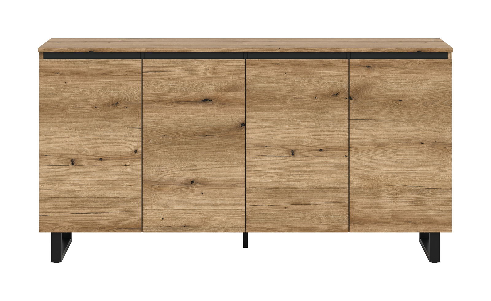 Frontale Ansicht eines modernen Sideboards aus Holz mit vier Türen und schwarzen Beinen.