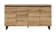 Frontale Ansicht eines modernen Sideboards aus Holz mit vier Türen und schwarzen Beinen.