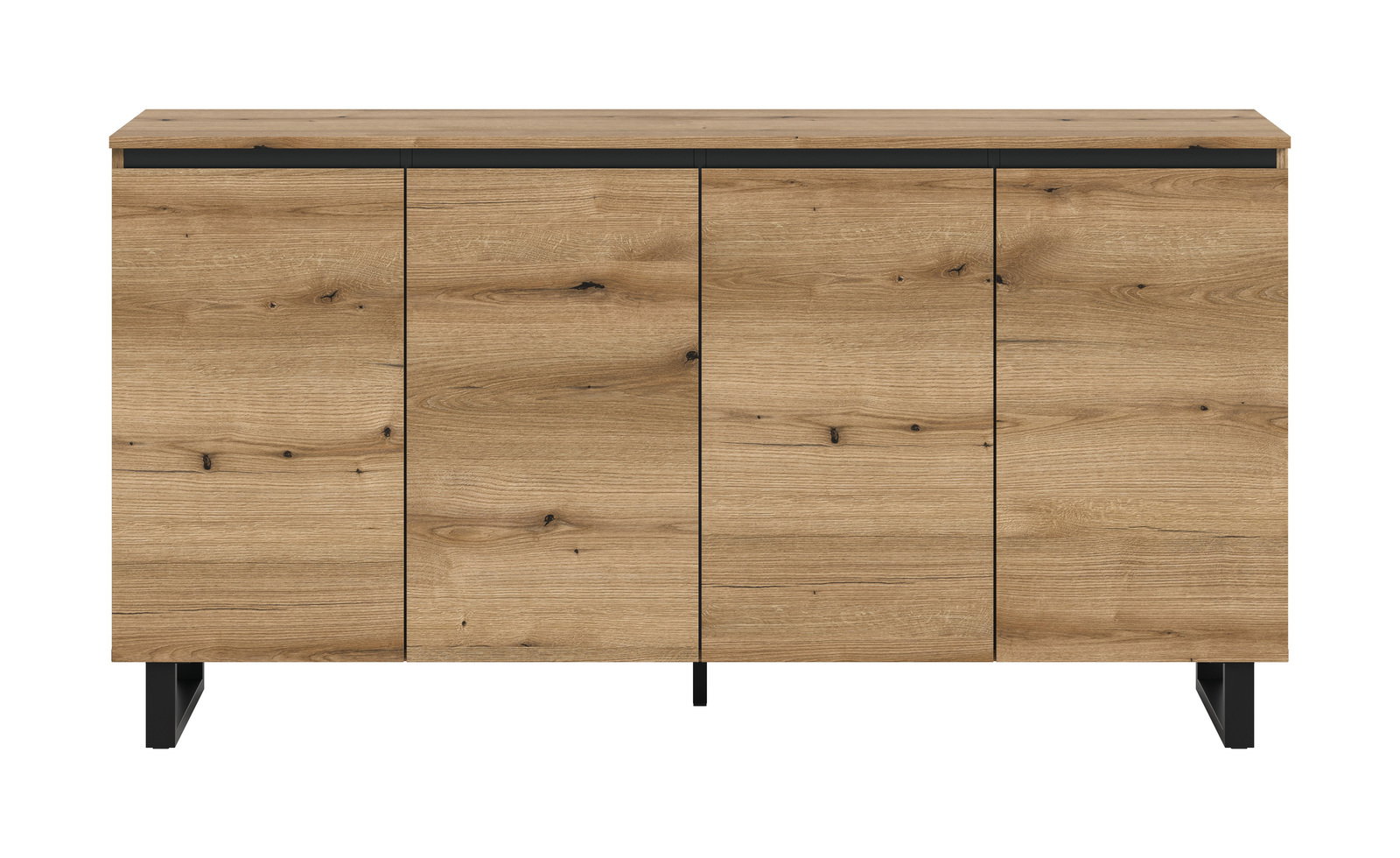 Frontale Ansicht eines modernen Sideboards aus Holz mit vier Türen und schwarzen Beinen.