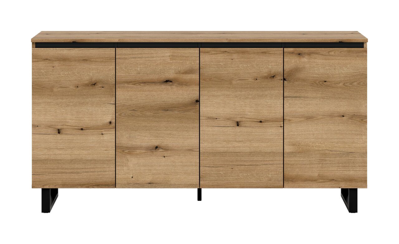 Frontale Ansicht eines modernen Sideboards aus Holz mit vier Türen und schwarzen Beinen.