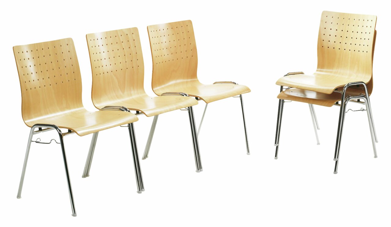 Venda Stapelstuhl MYARCADO Vier Stapelstühle aus Holz mit Metallbeinen, drei nebeneinander und einer gestapelt, seitliche Perspektive