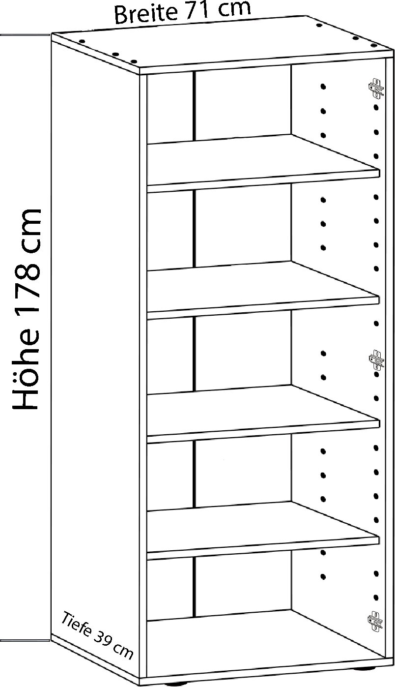 VCM Schuhschrank VANDOL Technische Strichzeichnung eines offenen Regalschranks mit fünf Fächern und verstellbaren Einlegeböden, Maße Breite 71 cm, Höhe 178 cm, Tiefe 39 cm, dargestellt in schräger Frontansicht (3/4-Perspektive) von rechts.