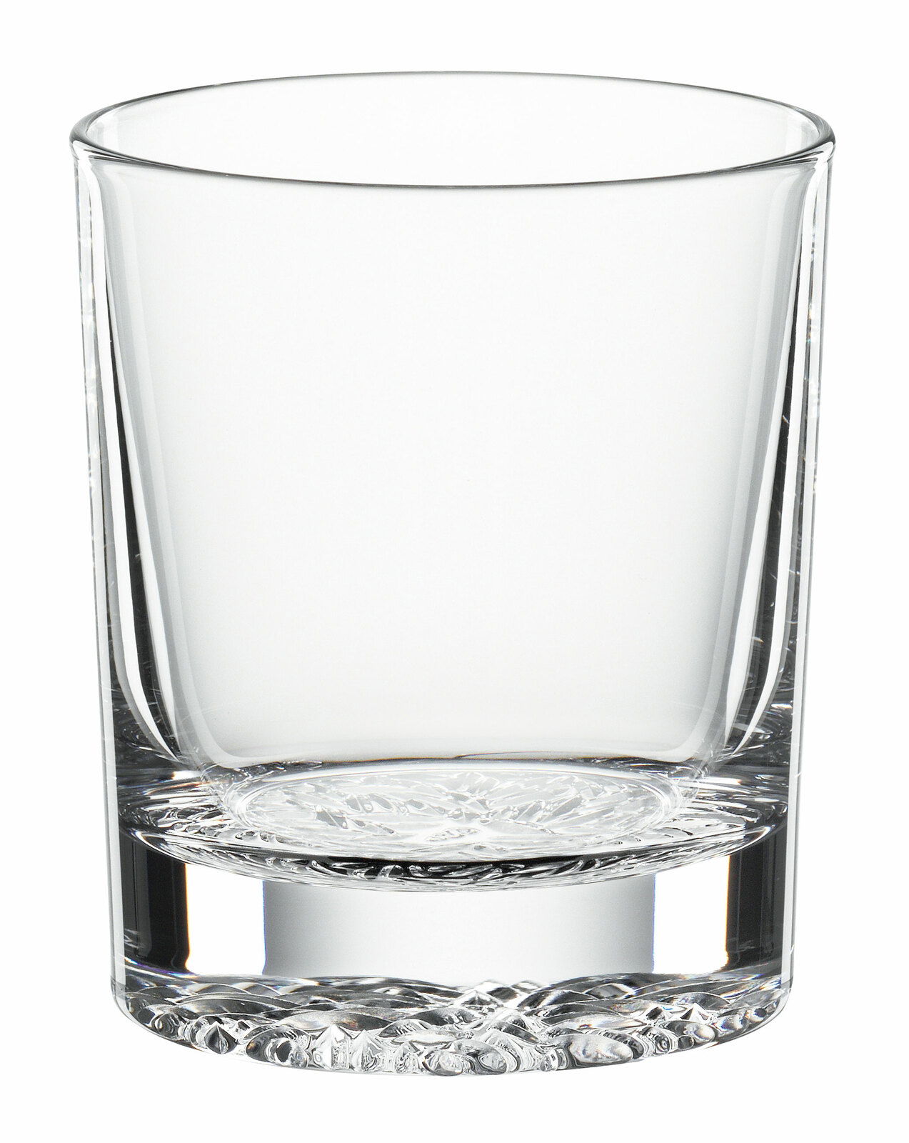 Klarglasbecher mit dickem Boden, seitliche Perspektive